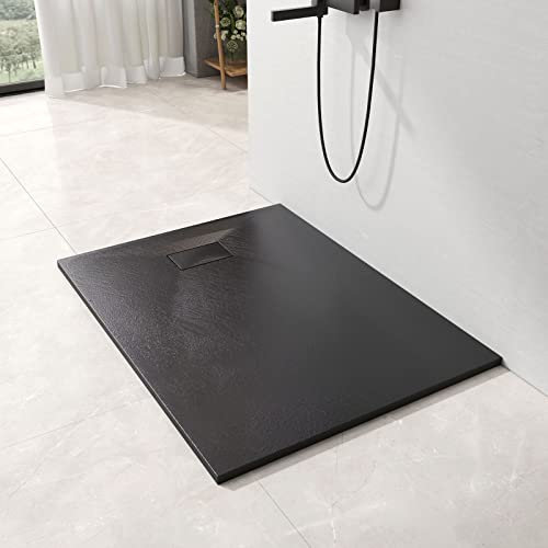EMKE Duschwanne 120x90 cm Duschtasse Flach SMC Rutschfeste Brausewanne Schwarz Höhe 2.6 cm Steinoptik Duschwannen Ablaufgarnitur 90 mm