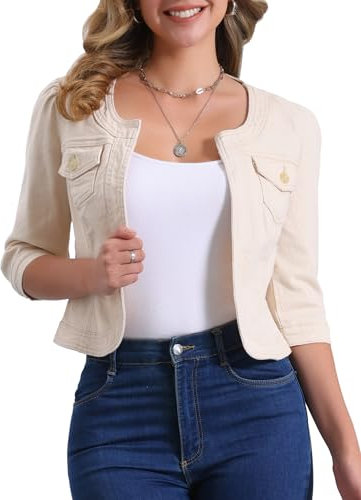 Allegra K Women's Short Denim Jacket Collarless 3/4 Sleeve Jean Jackets Cream L