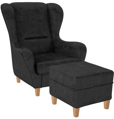 Supellex Sofia Ohrensessel mit Hocker | Design Kunstleder Texas Anthrazit
