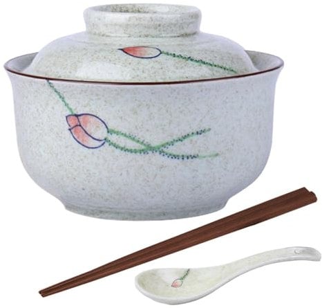 Aegistus Ramen Bowl, Ceramic Ramen Bowl Set with Lid, 750 ml Soup Bowls, Pho, Japanese Vintage Ramen Bowl for Cereals, Soup, Asian Tableware, Microwave and Dishwasher Safe (Beige)