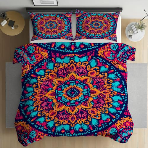 Bettwäsche 135x200 Hippie-Böhmisches Mandala Bettwäsche Set, Weich Microfaser Kuschelige Bettwäsche, Vintage Blumen Ethno Druck Wendebettwäsche Bettbezug und Kissenbezug 80x80cm mit Reißverschluss