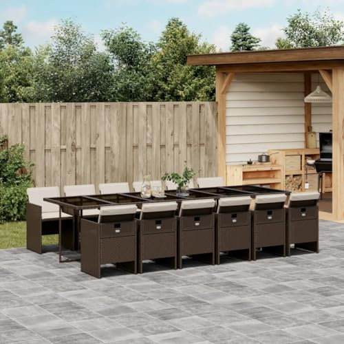 IKAYAA Rattan Gartenmöbel Set 13-TLG, Rattan Sitzgruppe für 12 Personen, Gartentisch aus Glas mit Stapelbar Stühlen & Kissens, Essgruppe Garten, Gartengarnitur Sitzgarnitur, Braun