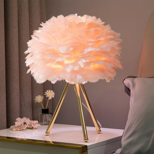 Lampe de table à plumes, lampe de chevet pour chambre à coucher, lampe de Bureau en plumes roses Veilleuse E27 de lecture pour décoration chambre à coucher, salon, chambre à coucher d'enfant (rose)