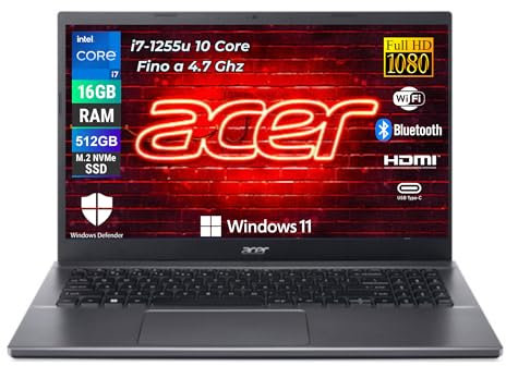 acer Extensa 15, Pc Portatile Intel i7-1255u 10 Core 3.5 Ghz, Ram 16Gb, SSD 512Gb, Display 15,6 FHD, Notebook con Win 11 Pro, Garanzia Italia