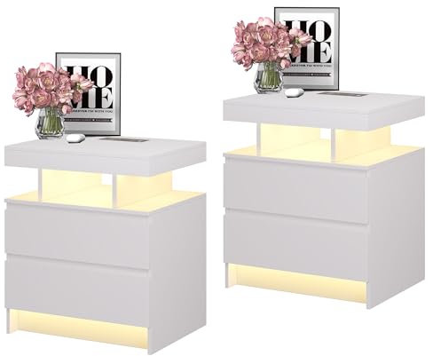 Vlsrka LED Nachttisch 2er Set mit Ladestation, Nachttisch mit 3 Farben Licht, Smart Nachttische mit Drahtloses Laden, Nachtkästchen mit 2 Schubladen, Moderner Nachtschrank 2er Set Schlafzimmer, Weiß