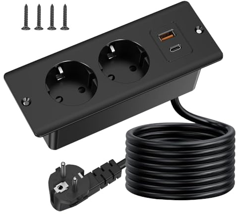 KBIBCK Einbausteckdose mit USB und Type-C, 4-in-1 Tischsteckdose, 2-Fach Einbau Steckdosenleiste, Tischplatte Versenkte mit 2M Kabel, Mehrfachstecker für Steckdose,Mehrfachsteckdose für Büro (Schwarz)