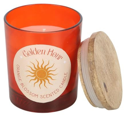 Golden Hour Bougie fleur d'oranger – Parfum fleur d'oranger fraîche, design élégant en verre avec couvercle en liège, 25 heures de combustion, végétalien et respectueux de l'environnement, emballage