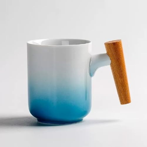 MAGICVOGEL Keramik Kaffeetasse mit Holzgriff,320ml Teebecher Milchbecher Teetasse Kaffeebecher Espressotasse für Büro und Zuhause (Farbverlauf-Weiß+Blau)