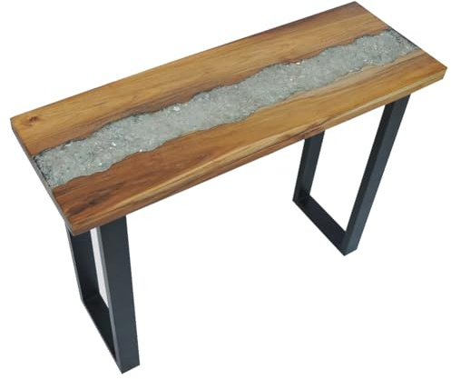 Konsolentisch aus Teakholz, 100 X 35 X 75 cm. Haushaltsbedarf: Industriedesign für Wohnzimmer mit Stabilen Mahagoni-Beinen, Dekorativem Glas und Harzeinlage, Einfache Montage,