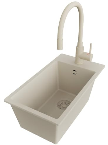 PRIMAGRAN Granitspüle ab 30er Unterschrank + Küchenarmatur, 28x50cm | Set: Küchenarmatur BW6020 + Ablauf-Set (Siphon, Ablaufgarnitur, Überlauf) + Spülbecken 1 Becken - Riga, Alles Beige