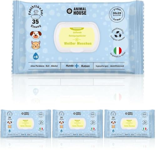Animal House Dufttücher 35 Stück: Hypoallergene und biologisch abbaubare Feuchttücher für die tägliche Reinigung von Hunden und Katzen (35, weißer Moos) (Packung mit 4)