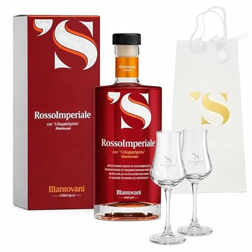 Mantovani Rosso Imperiale con 'S DoppioSpirito', Elisir Raffinato di Rara Morbidezza, Liquore Premium, 70 cl con 2 Bicchieri