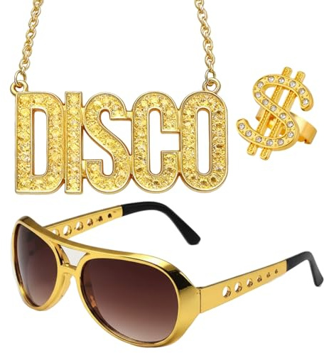 3 Stück Disco Kostüm Accessoires Disco Gold Kette Ring & Brille Gold 70er 80er 90er Outfit Herren Rapper Hip Hop Kostüm Zuhälter für Halloween Karneval Thema Party