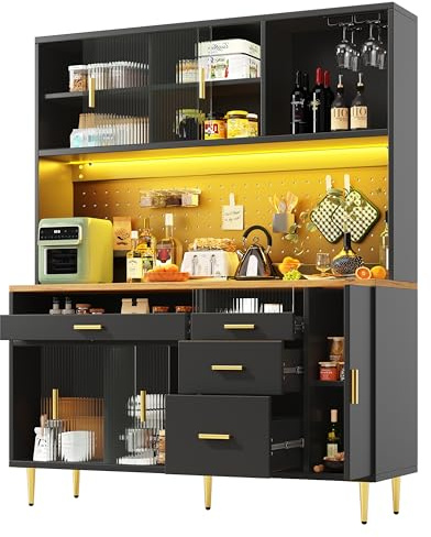 DRIXNO Küchenschrank, Hochschrank Küchenbuffet Vitrinenschrank, Esszimmerschrank mit Arbeitsplatte und Weinregal, Schränke mit LED-Beleuchtung, Hoher Schrank mit Lochwandregalen, 145x24x171cm, Schwarz
