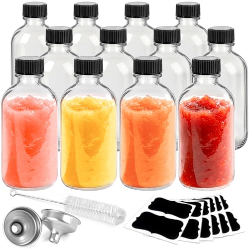 ztarraum 12 Pack 60ml Glass Ginger Shot Bottles with Lids - Dishwasher Safe Mini Juice Jars - Reusable Set with 1 Funnel, 1 Brush & 12 Labels