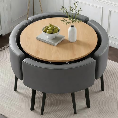 YVMGWEL Esstisch und Stuhlset für 4 Personen, 90cm Runder Esstisch aus Holzdekor und 4 Kunstleder Esszimmerstühle, Platzsparends für Küche, Wohnzimmer, Balkon, Restaurant, Büro (Rund Naturholzfarben)
