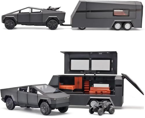 MODVKVK Truck Modellauto,Trucks Spielzeug mit Wohnmobil,Strandmotorrad,1:32-Modellbausatz für Pickup-Anhänger aus Druckgusslegierung mit Licht und Sound (Schwarz)