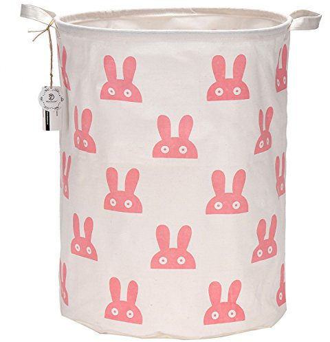 Sea Team 19.7 Inch Large Sized Waterproof Coating Ramie Cotton Fabric Folding Laundry Hamper Bucket Cylindric Burlap Canvas Storage Basket with Stylish Pink Bunny Design