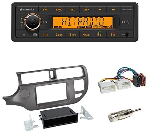 Radioeinbauset: Continental TR7412UB-OR Autoradio Bluetooth, RDS, USB,MP3 Radio + 2-DIN Radioblende + Fach anthrazit + ISO-Adapter + Antennenadapter geeignet für Kia Rio (UB) 09/2011-03/2015