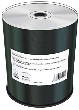 CD-R 700MB|80min 52x Write Speed, Silver, Full Surface Printable (Inkjet Printer), Cake Box of 100