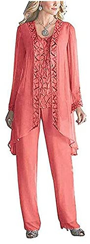 Women's 3 Pieces Chiffon Dress Mother of The Bride Pants Suits with Beaded Jacket Wedding Outfit Evening Gown Blush UK16
