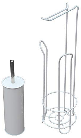 Free Standing Contemporary 2PC Toilet Roll Holder 60cm (H) & Toilet Brush 38cm (H) Bathroom Set - Study Metal Design with Matt White Finish - Holds Upto 4 Rolls.
