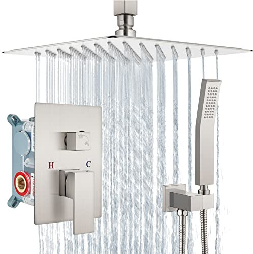 Aolemi Deckenhalterung gebürstetes Nickel 12 Zoll Duschsystem Regen Luxus Hochdruckdusche Combo Set Badezimmer Duschkopf mit Handbrause Roughin Ventil und Duschverkleidung enthalten