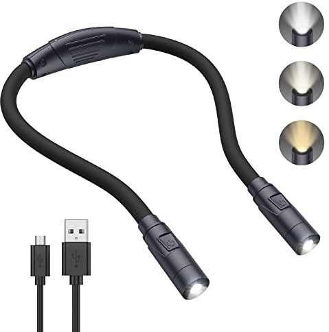 Criacr Hals Leselampe Buch, 3 Farben und Einstellbare Helligkeit, LED Buchlampe, Wiederaufladbare USB LED Umhängelampe für Lesen, Stricken, Camping, Joggen, Reparieren