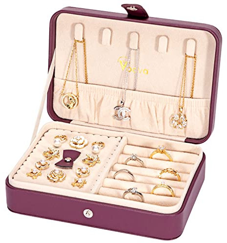 Voova Travel Jewellery Box Organiser for Women Girls,PU Leather Small Jewelry Storage Case with Smart Earrings Plate,Mini jewlerrying Display Holder for Earrings Rings Necklace Bracelets,Purple