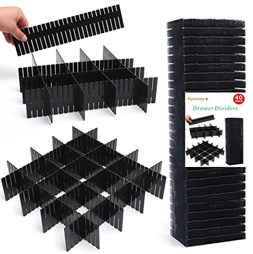Flytianmy 40 Piezas Separadores de Cajones, Ajustable Organizador de Cajones para Sujetador, Calcetines, Ropa Interior, Oficina, Cocina, Dormitorio y Tocador Negro