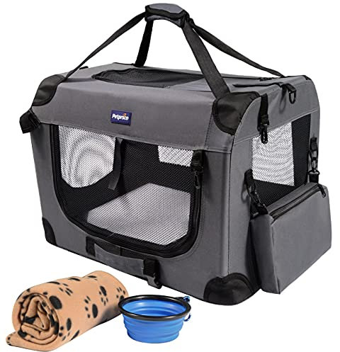 Petprsco Tragbare Faltbare Hundebox, Reise-Hundebox, 60 x 42 x 42 cm, mit weicher, Warmer Decke und faltbarem Napf für große Katzen und kleine Hunde, drinnen und draußen