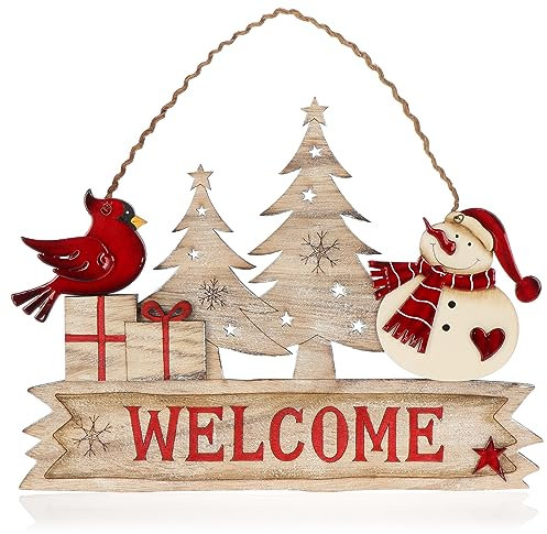 com-four® Hängedeko Weihnachten - Holz-Aufhänger Schriftzug mit Schneemann und Vogel - Türschild Christmas aus Holz für Tür, Fenster oder Wand (Welcome)