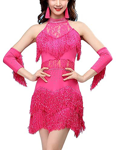 GUOCU Donna Dancewear Abiti Vestito da Ballo Latino Sala Abito con Frange con Pizzo e Strass Abiti da Performance Rumba Samba Vestito Frange Danza Tango Rumba Gymnastic Rose L
