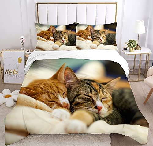 JEFFEL Set di Biancheria da Letto con Stampa di Gatto 3D, Copripiumino con Cerniera, Incluso 1 Copripiumino e 2 Federe, Biancheria da Letto per Ragazzi e Ragazze (200x200cm, Gatti -1)