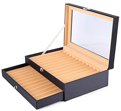 Kaibrite Füllfederhalter Vitrine, 3-Lagige Stifthalterbox, mit Vitrine Stiftebox, für 24 Slots Kunstleder FüLlfederhalter Kugelschreiber Federhalter Display Box Schwarz