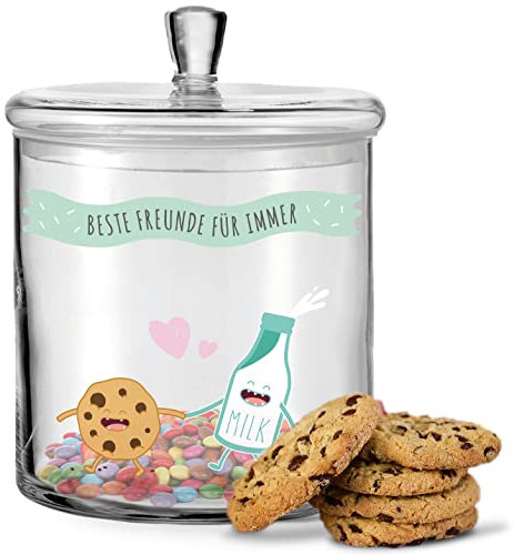 GRAVURZEILE Leonardo Keksglas mit UV-Druck - Freunde für immer - Vorratsdose personalisiert mit Namen - Keksdose Bonbonglas mit luftdichtem Deckel für Süßigkeiten - Lustiges Geschenk für Sie & Ihn