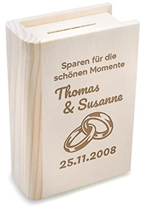 Personalisierte Spardose mit Wunschgravur - nachhaltiges Kiefernholz - Sparbüchse mit Metallschloss - Hochzeitsgeschenk - Romantik Geldgeschenk - für Hochzeit, Jahrestag, Trauung - Motiv Ringe