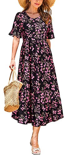STYLEWORD Women Summer Dress Floral Short Sleeve Ladies Casual Swing Midi Dress with Pockets(Floral10,Large)