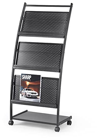 Zeitungsständer Zeitschriftenständer mit Schwarzen Prägungen und Rädern, Bodenstehender Prospekthalter, Literaturständer Zum Ausstellen, Aktenordner Aus Metallgitter