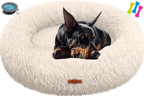 Lovpet® Hundebett Hundekissen Katzenbett Bagel, Waschbar, Inkl. Napf + 3X Kauknochen, Hundesofa flauschig Kissen Rund aus Plüsch für Kleine, Mittelgroße & Große Hunde, Katzen [4XL, Ø 120cm Beige]