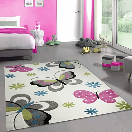 CARPETIA Farbenfroher Schmetterling-Teppich für Kinderzimmer ‒ Allergiker geeignet ‒ Creme, 140 x 200 cm