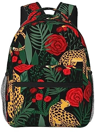 VACSAX Casual Backpack Lightweight Laptop Bag Wildlife Panther Smelling Red Rose Print Travel Daypack, Black, One Size