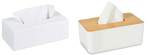 Relaxdays Tücherbox Bambus, Taschentuchbox mit Schiebeboden & Tücherbox mit Deckel aus Bambus, fürs Bad, modernes Design, Kunststoff, H x B x T: 10 x 23 x 13 cm, weiß/Natur