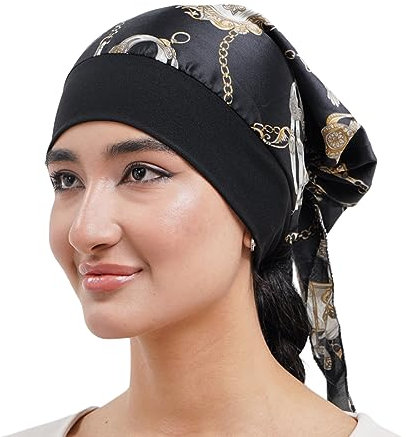 Tadipri Kopftuch Für Frauen Kopfbedeckung Damen Chemo Kopfbedeckung Im Voraus Gebunden Set Plissiert Headwrap Schals Gap Mütze Damen -Schwarz Kette