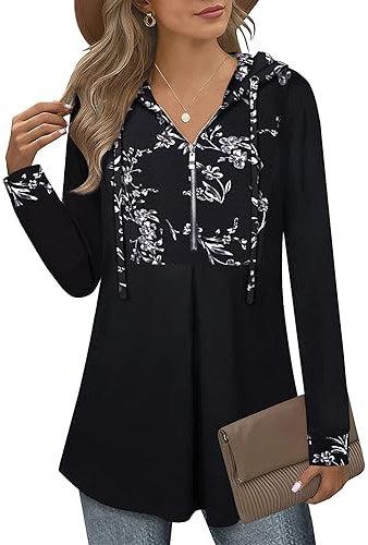 Siddhe Pullover Damen Elegant Hoodie Zip Up Hoodie Tunika Langarm Bluse Kapuzenpullover Oberteile Pulli mit Kapuzen Longshirt A-Linie Locker Lang Sweatshirt, Schwarz M