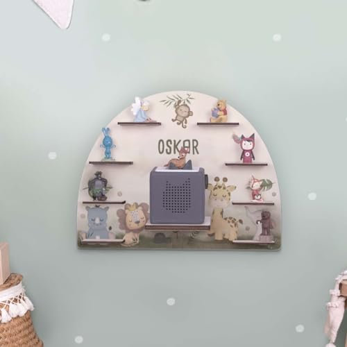 Tonie Regal Aquarell Personalisiert - Tonieregal für Mädchen & Jungen aus Holz - Toniebox Regal - Kinderregal Hörspielbox & Tonies Aufbewahrung - Regal Kinderzimmer 50 x 38 cm (Safari)