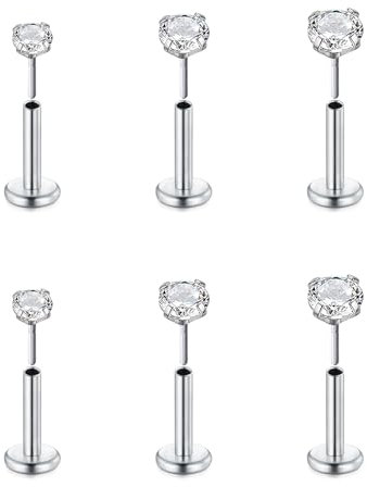 FECTAS 6pcs Threadless Push-In Knorpel Tragus Helix Piercing Schmuck Flat Back Stud Ohrringe Edelstahl 16G 6mm Lip Bars Labret Stud Lip Ear Medusa Piercing 2mm 3mm 4mm CZ Silber