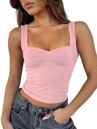 FOFAINWE Y2K Clothes Träger-Tops Für Damen - Plissee Bustier Sexy Rückenfrei Ausgehen Tops Ärmellos Cute Frauen Crop (Rose,M)
