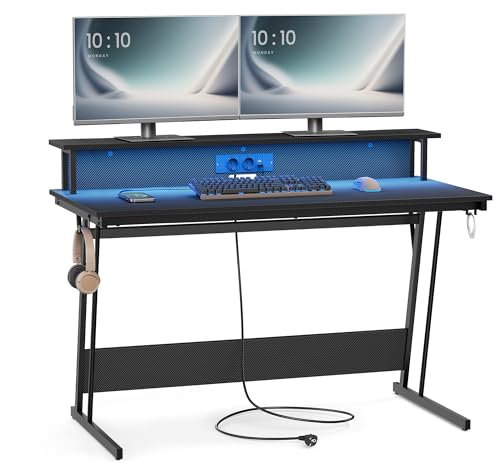 VASAGLE Scrivania da Gaming con Luci LED e Prese di Corrente, Scrivania da Computer, Supporto per Monitor, Tavolo per 2 Monitor, Ufficio, Camera da Letto, 60 x 120 x 76 cm, Nero Carbone LWD192B02
