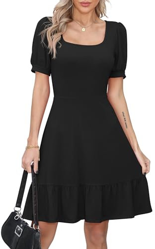 Missufe Robe d'été pour femme - Robe patineuse à volants - Manches bouffantes - Manches courtes - Swing - Robe de loisirs, Noir , L